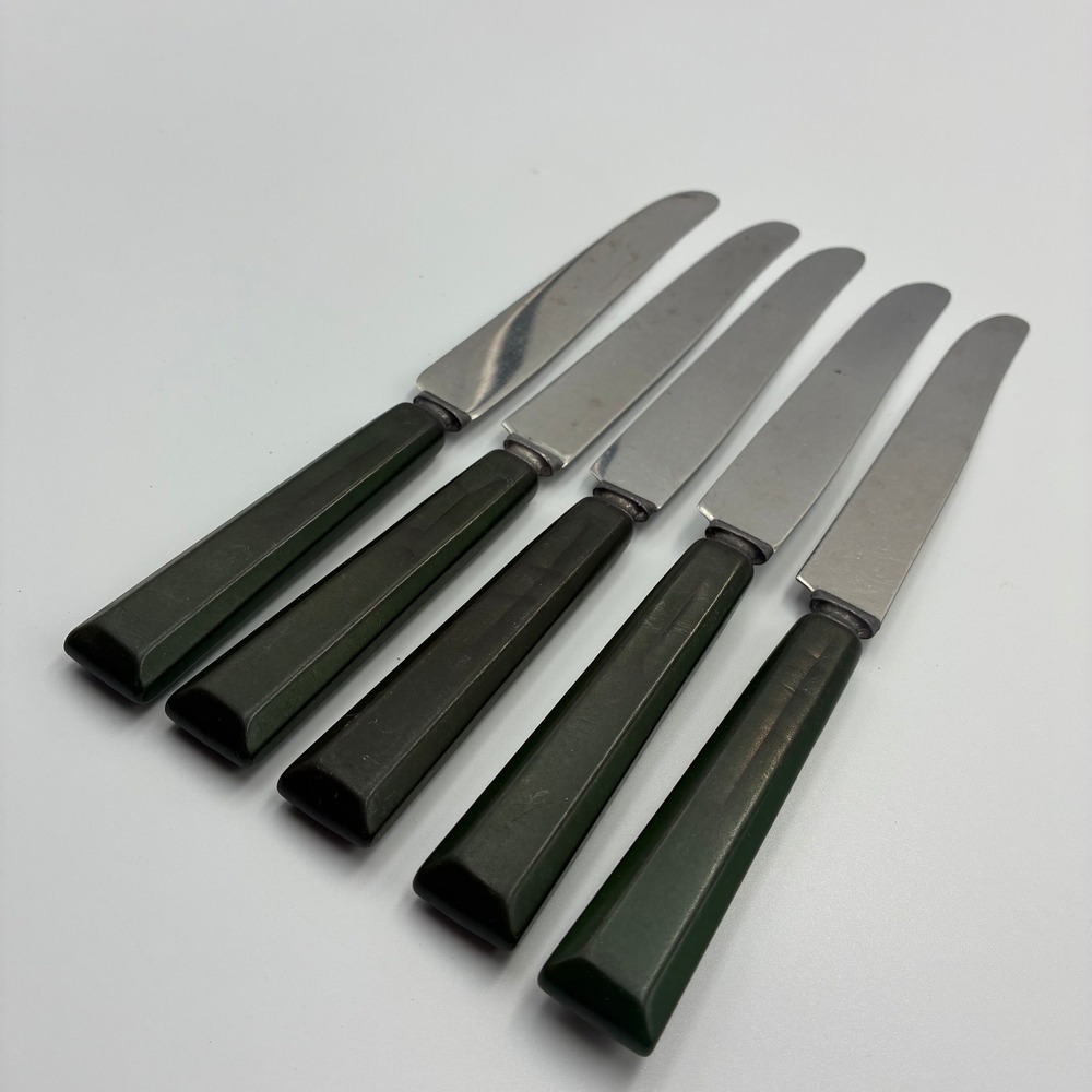 Vintage Bakelite Handle Dinner Knives Set of 5 Forest Green Stainless Steel MCM